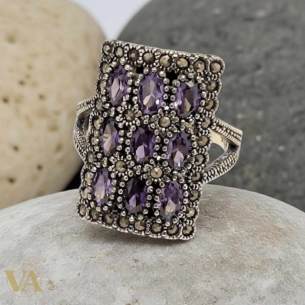 Bague femme rectangulaire en argent 925, améthyste & marcassite - Argent 925 - Vindicta
