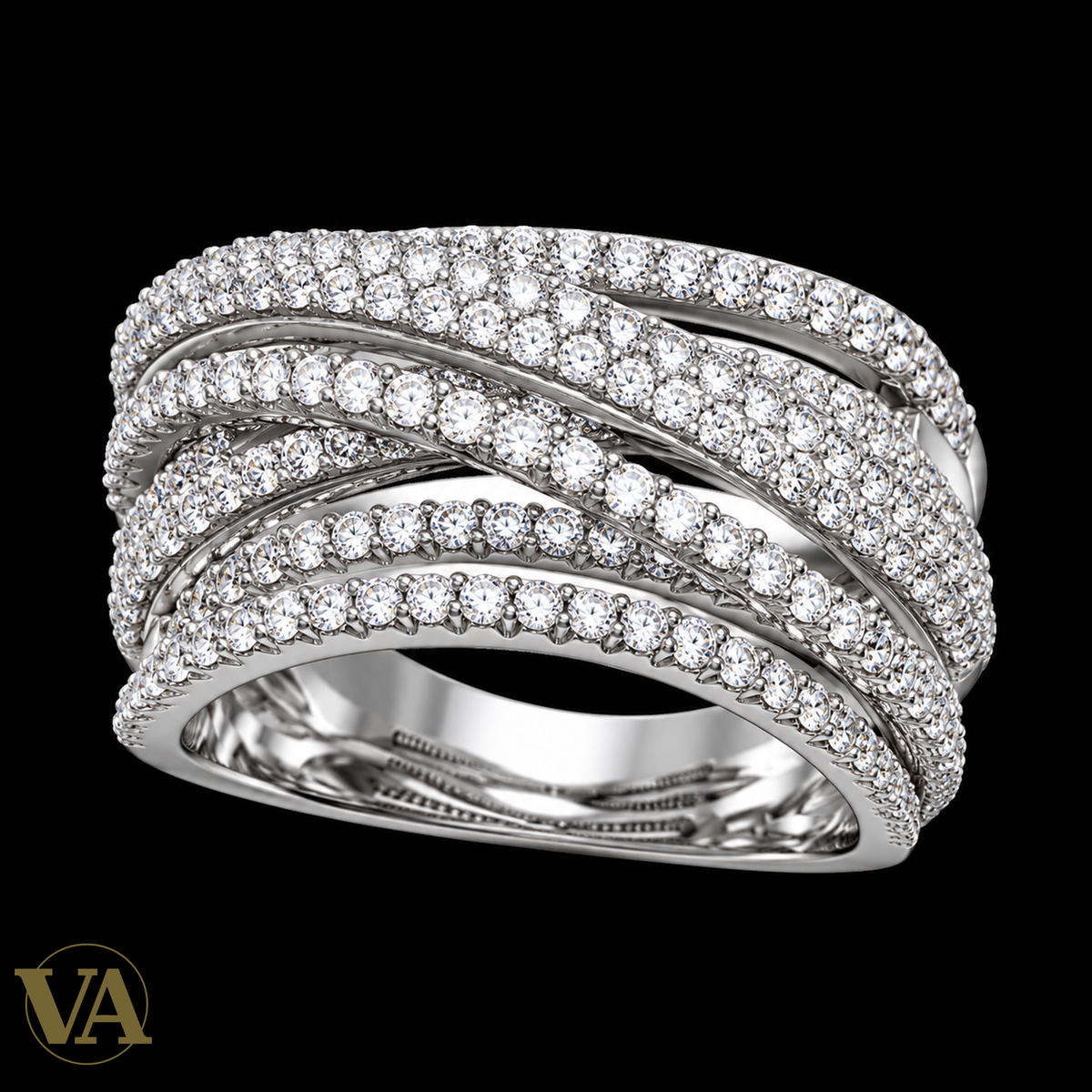 Bague Femme Argent 925 Rhodié – Rubans Croisés Pavés de Zirconium — vue du bijou sur fond noir