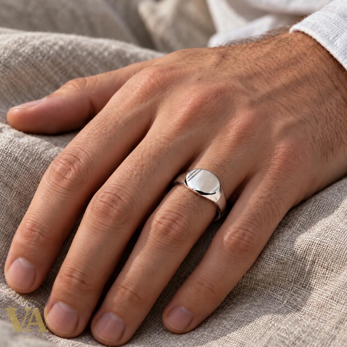 Chevalière Homme Argent 925 Rhodié – Ovale Poli et Doubles Rainures — white