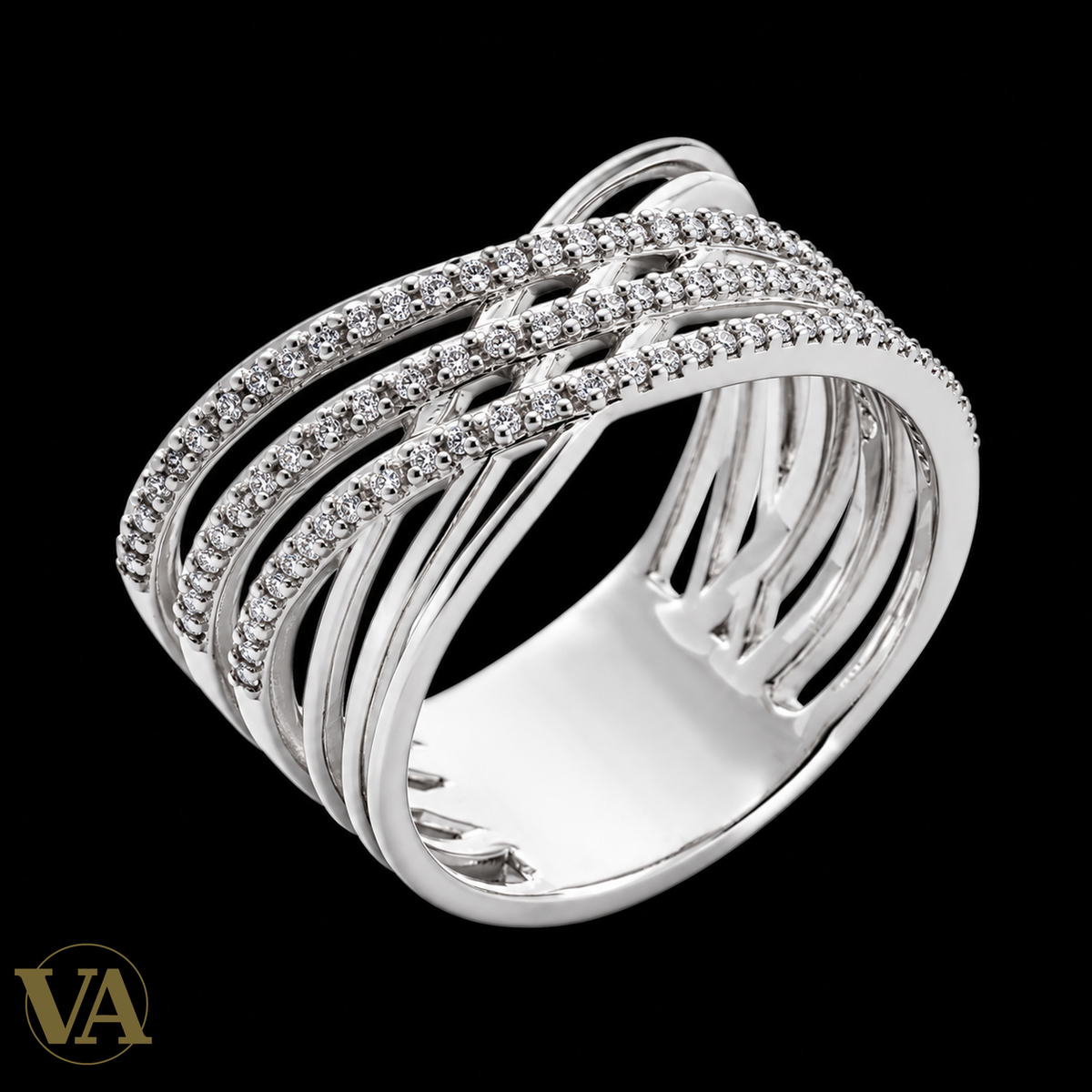 Bague Femme Argent 925 Rhodié – Lignes Ajourées et Zirconium Blanc — vue sur fond noir