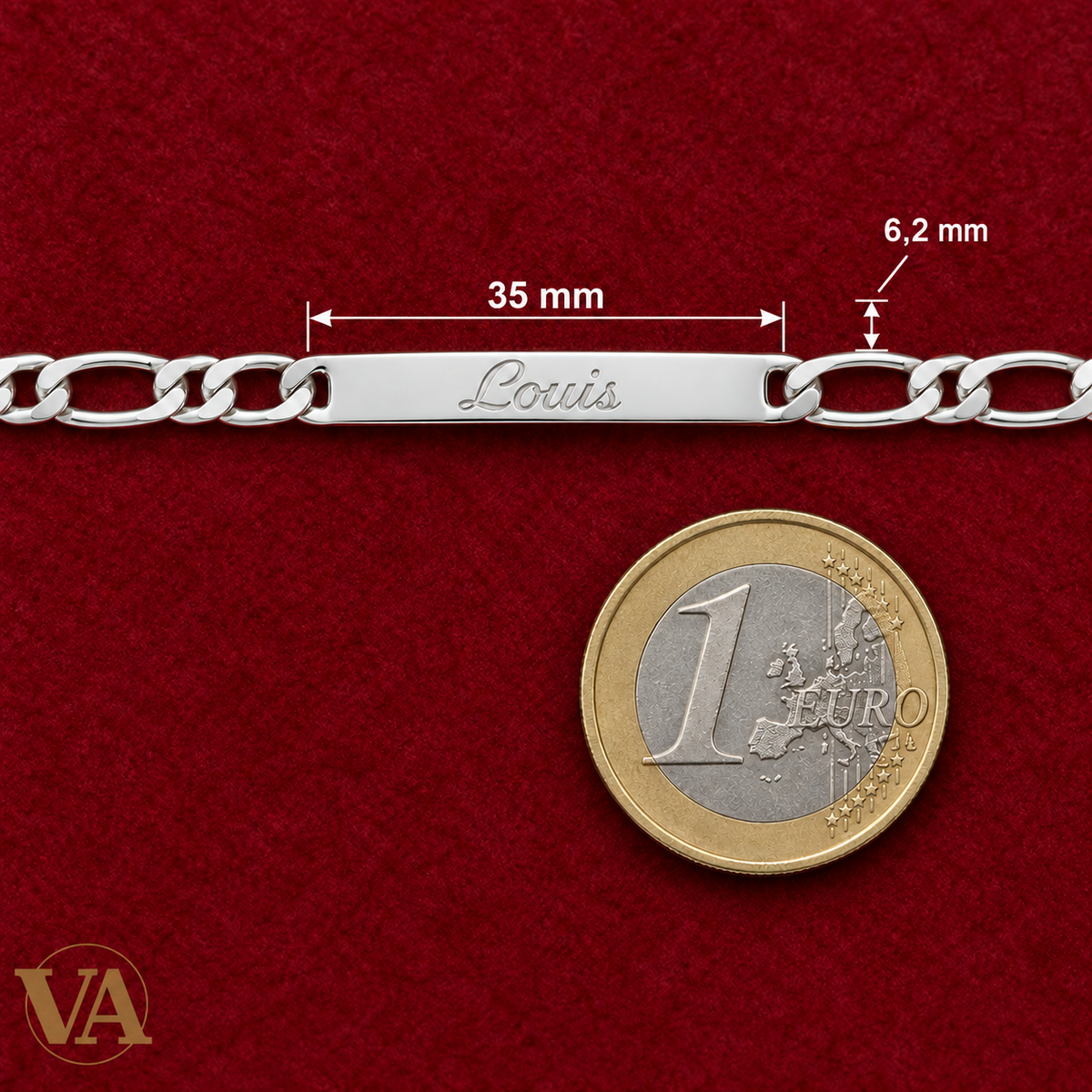Gourmette Figaro 1+1 argent 925 : détail de la plaque avec une pièce de 1 euro — dimensions de la plaque en mm