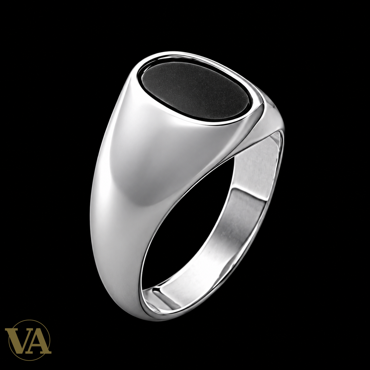 Bague Femme Argent 925 Rhodié – Chevalière Ovale Noire Épurée — vue principale sur fond noir