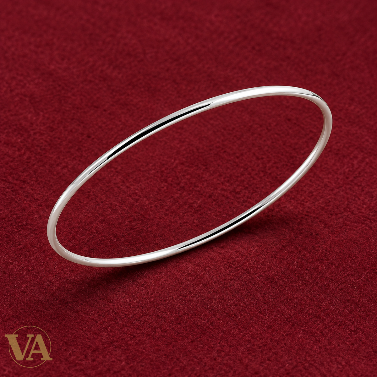 Bracelet jonc fin poli en argent 925 rhodié sur feutre bordeaux
