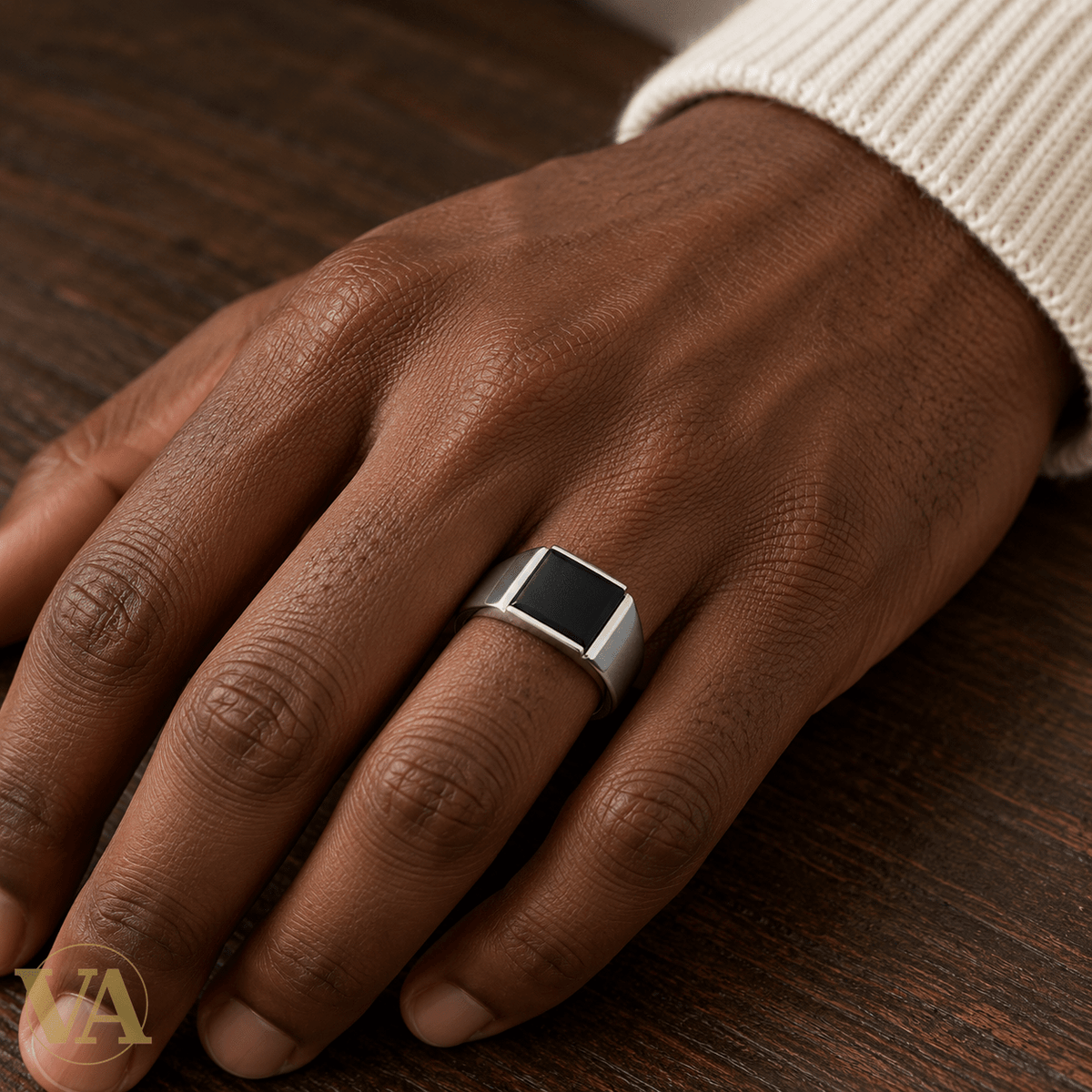 Chevalière homme argent 925 rhodié — Rectangle noir - Argent 925 - Vindicta