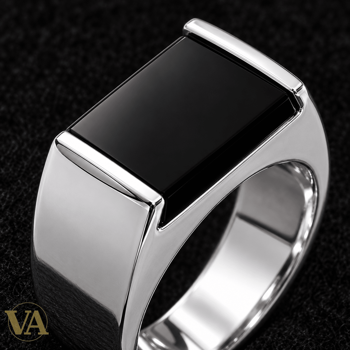 Chevalière homme argent 925 rhodié — Rectangle noir - Argent 925 - Vindicta