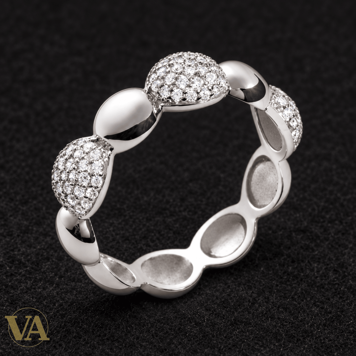 Bague ovales polis et pavés en argent 925 rhodié - Argent 925 - Vindicta