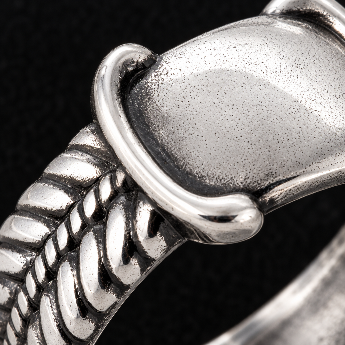 Chevalière homme argent 925 — Plateau galbé et épaules tressées — zoom du détail