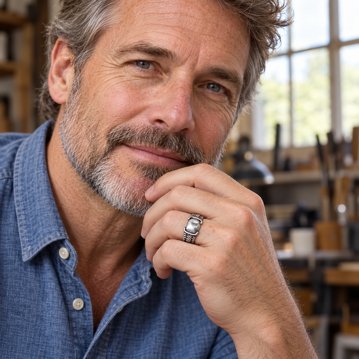 Chevalière homme argent 925 — Plateau galbé et épaules tressées — portrait