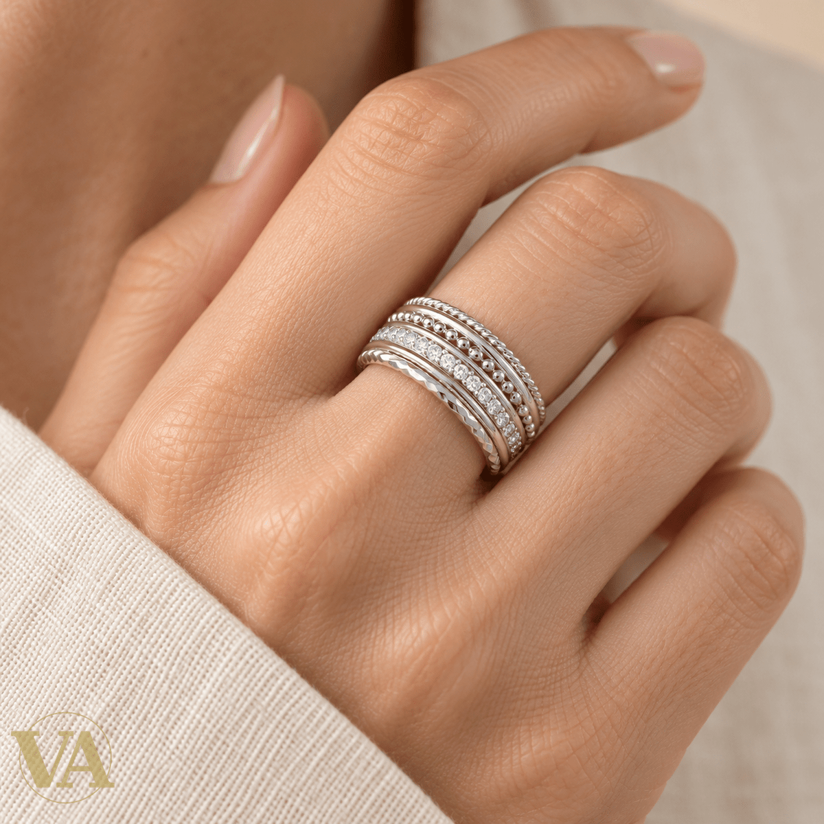Bague Femme Argent 925 Rhodié — Anneaux aux Textures Mêlées - Argent 925 - Vindicta