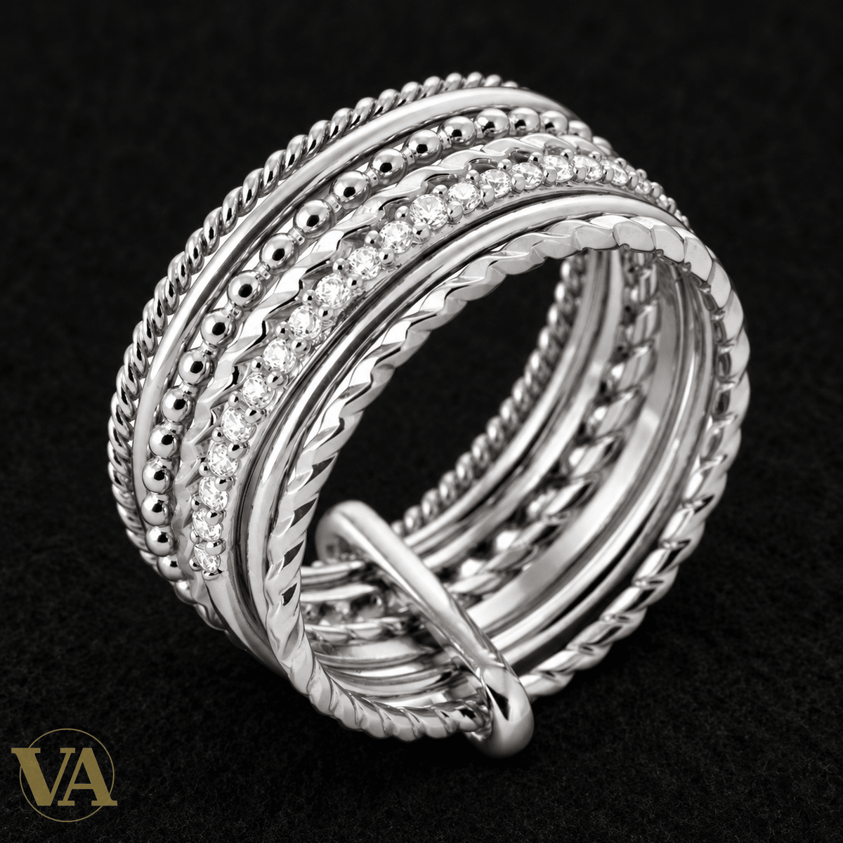 Bague Femme Argent 925 Rhodié — Anneaux aux Textures Mêlées - Argent 925 - Vindicta