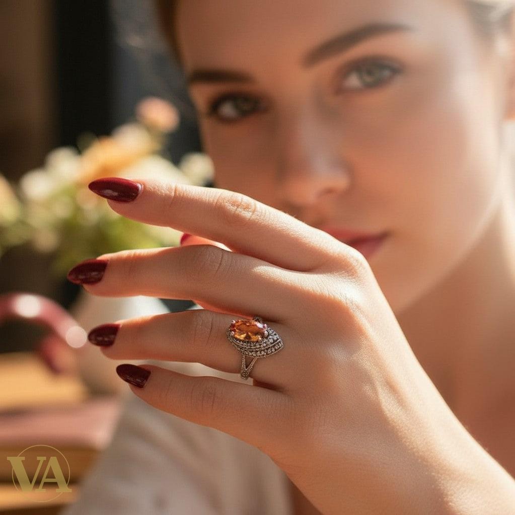 Bague en argent 925 Vindicta avec une sultanite marquise orange et des marcassites, portée par une femme.