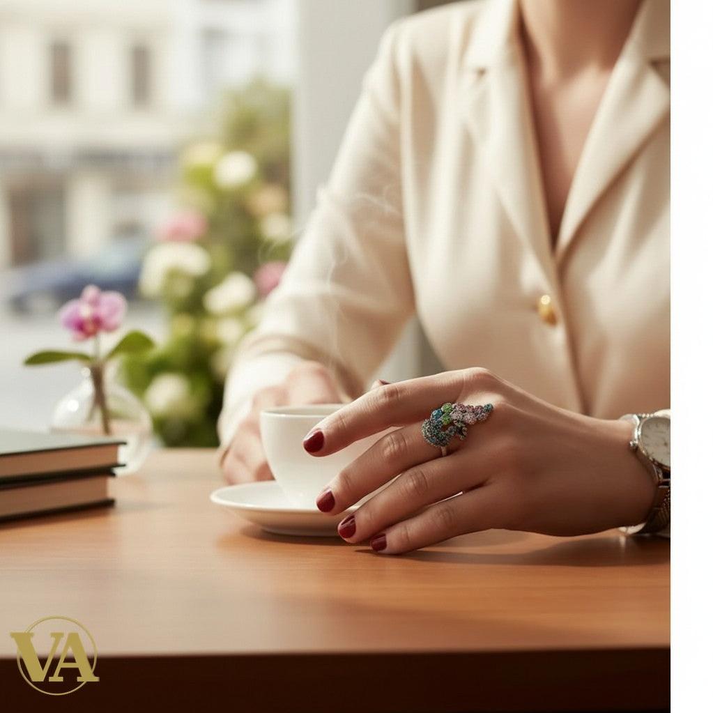 Bague Vindicta : Bijoux Argent 925 Massif, Luxe et Héritage en forme de paon avec pierres vertes et roses au doigt
