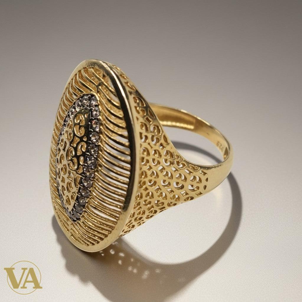 Bague ajourée dorée en argent 925 avec pierres claires, design oriental, par Vindicta : Bijoux Argent 925 Massif, Luxe et Héritage