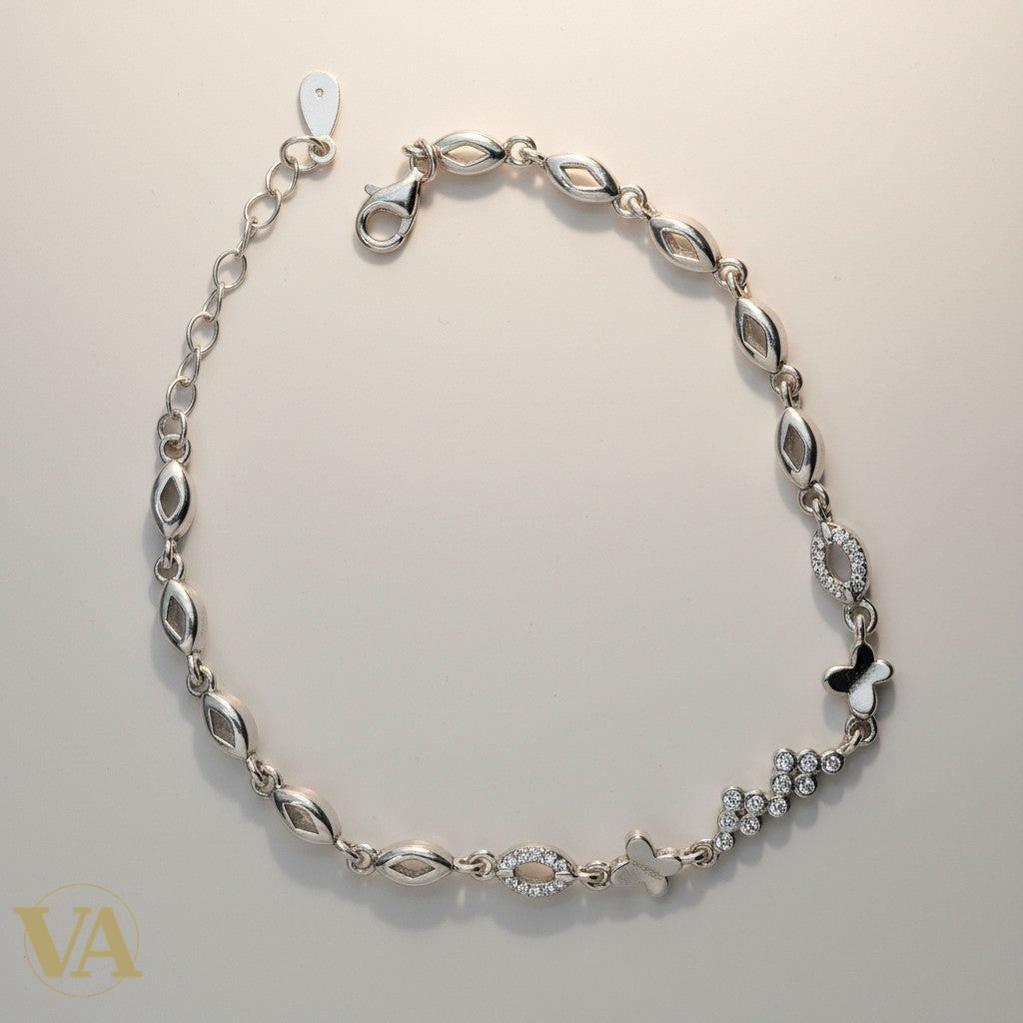 Bracelet Vindicta en argent 925 femme, motifs navette sertis d'oxydes de zirconium et papillons