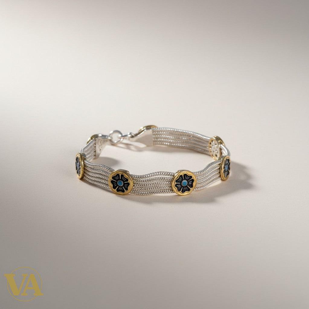 Bracelet femme Vindicta en argent 925 multi-chaînes avec rosaces dorées et turquoises naturelles