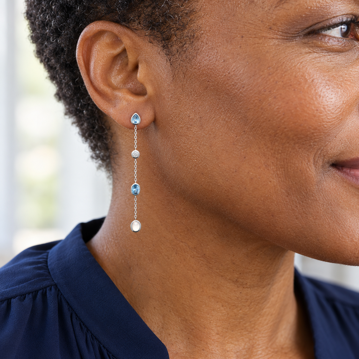 Boucles d’oreilles argent 925 rhodié — second porté en gros plan