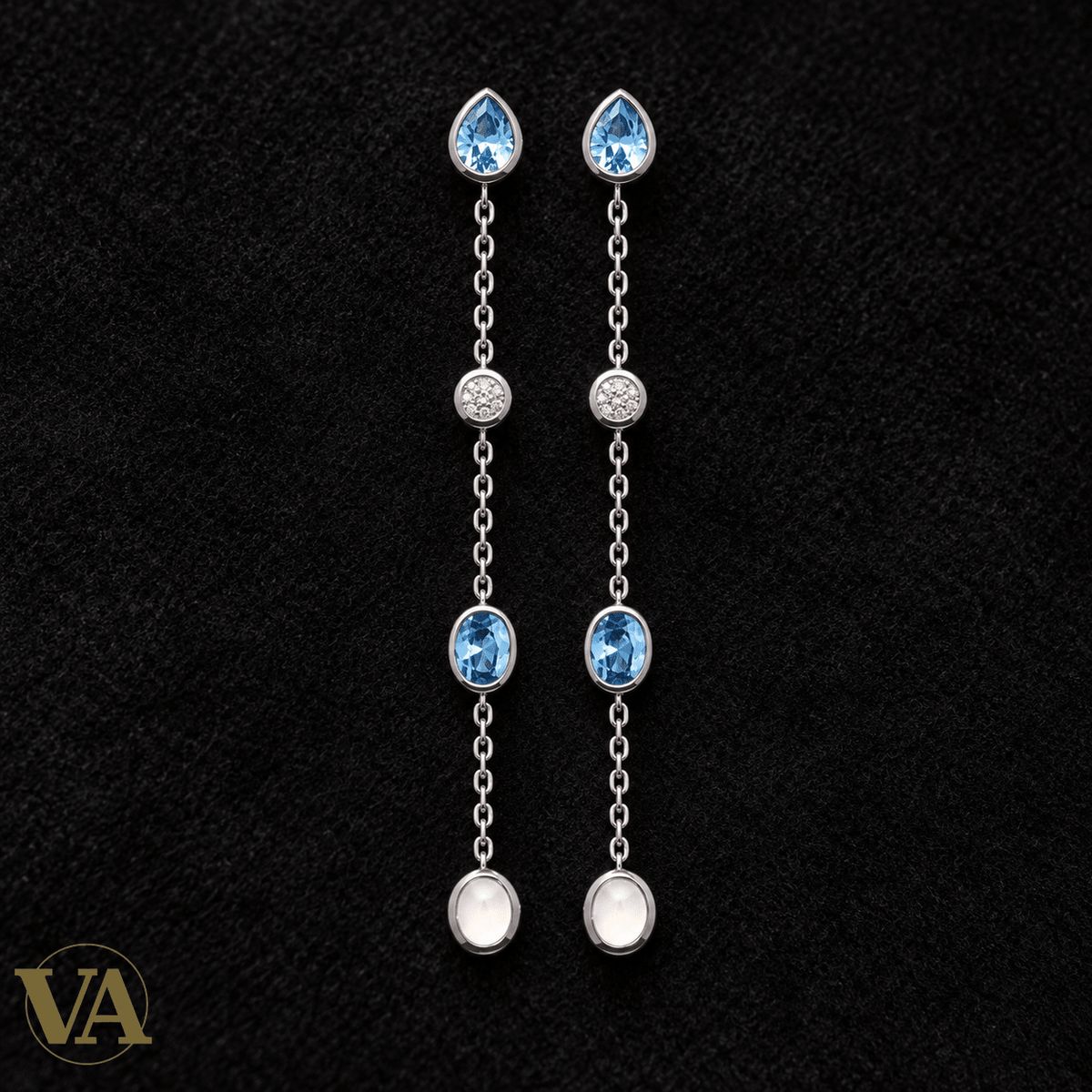 Boucles d’oreilles Femme Argent 925 Rhodié — Chaînettes bleu ciel et perles de verre - Argent 925 - Vindicta