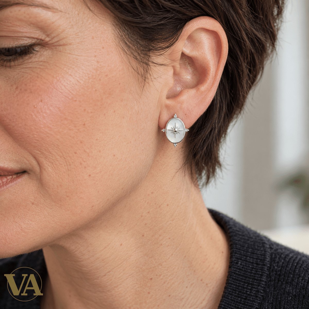 Boucles d’oreilles Femme Argent 925 Rhodié — Ovales de nacre à étoile perlée - Argent 925 - Vindicta