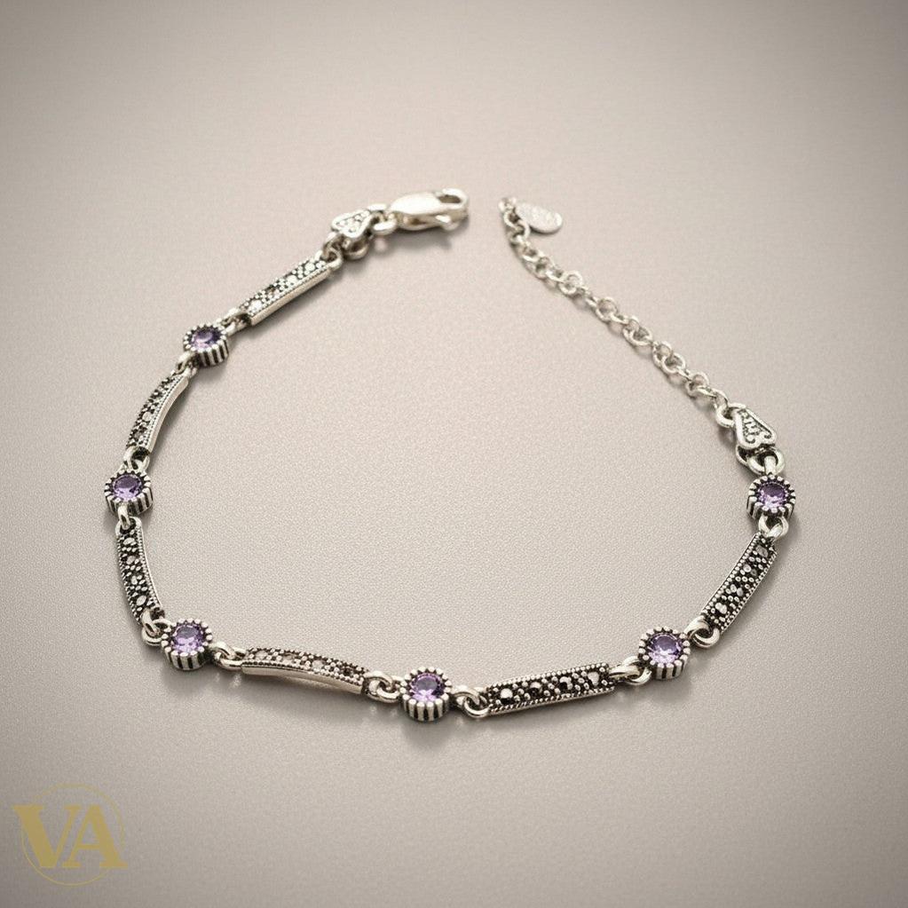 Bracelet femme Vindicta en argent 925 avec améthyste et marcassite, longueur 17cm + 5cm, fermoir mousqueton.