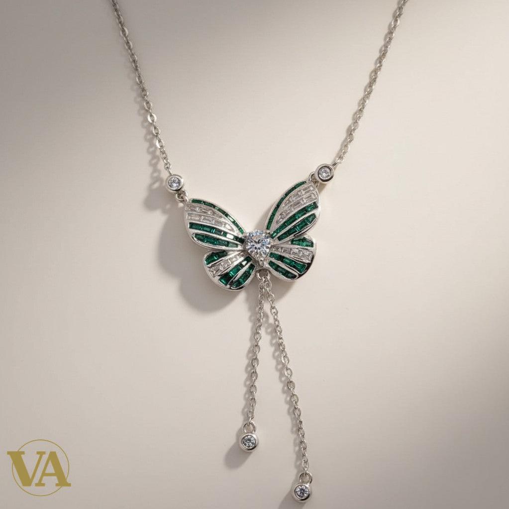 Collier Femme Papillon Argent 925 — Zircons Vert Émeraude et Blancs | Bijoux Vindicta