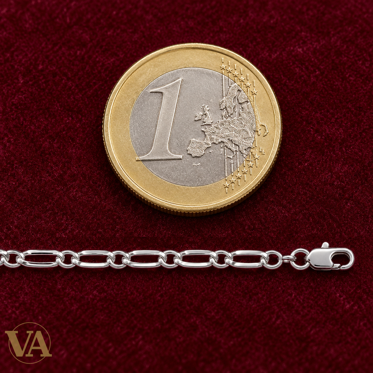 Chaîne Homme Argent 925 – Figaro 1+1 diamantée 4 faces 3 mm — détail avec pièce de 1 euro