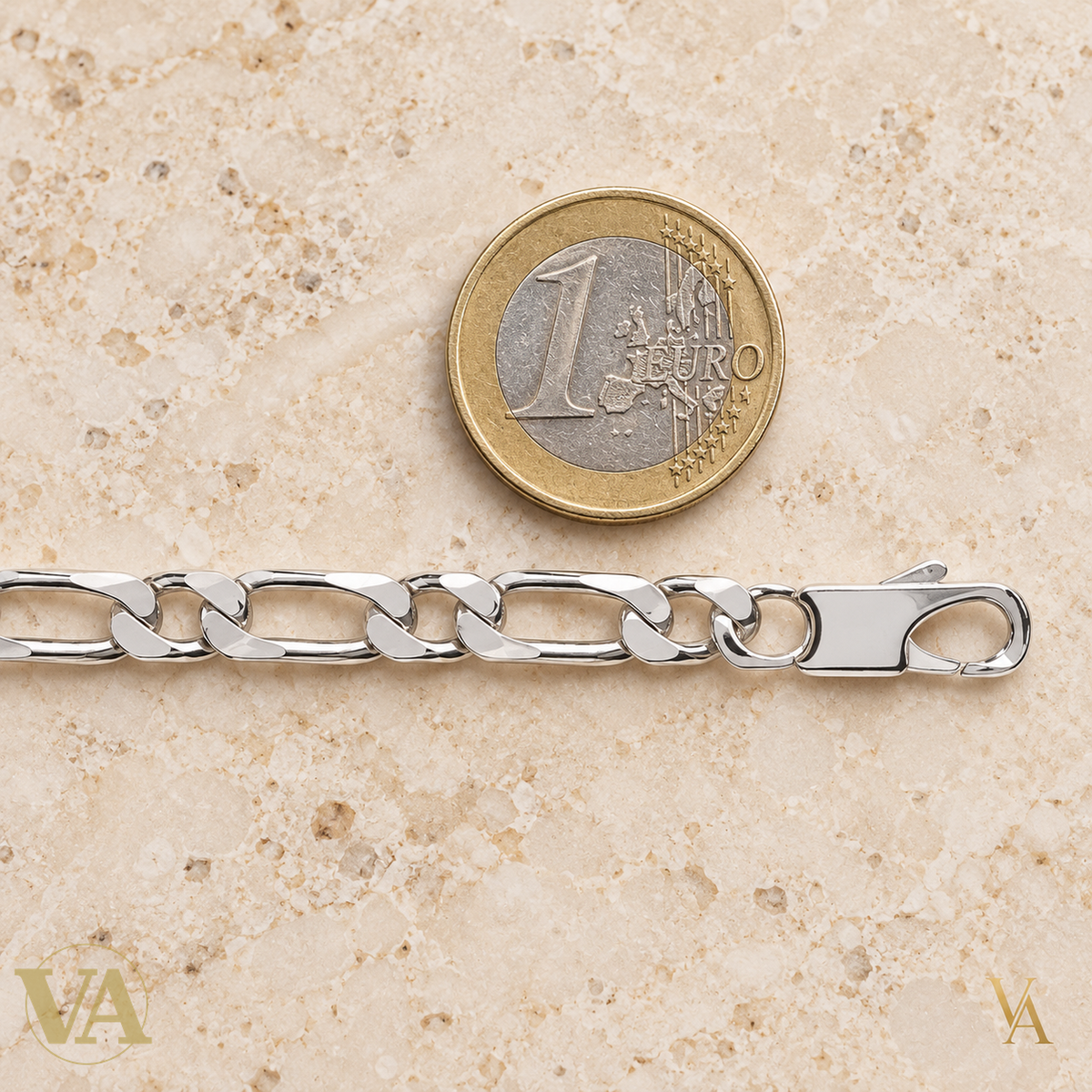 Chaîne Homme Argent 925 – Figaro 1+1 diamantée 4 faces 6 mm — comparaison avec une pièce de 1 euro