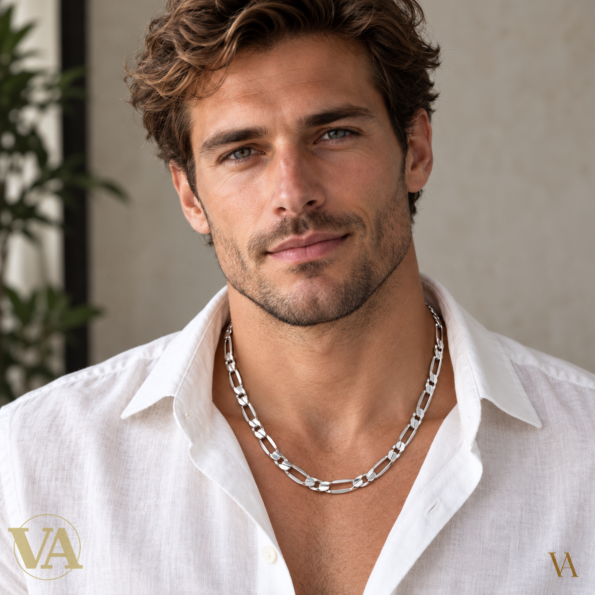Chaîne Homme Argent 925 – Figaro 1+1 diamantée 4 faces 6 mm — portrait homme blanc