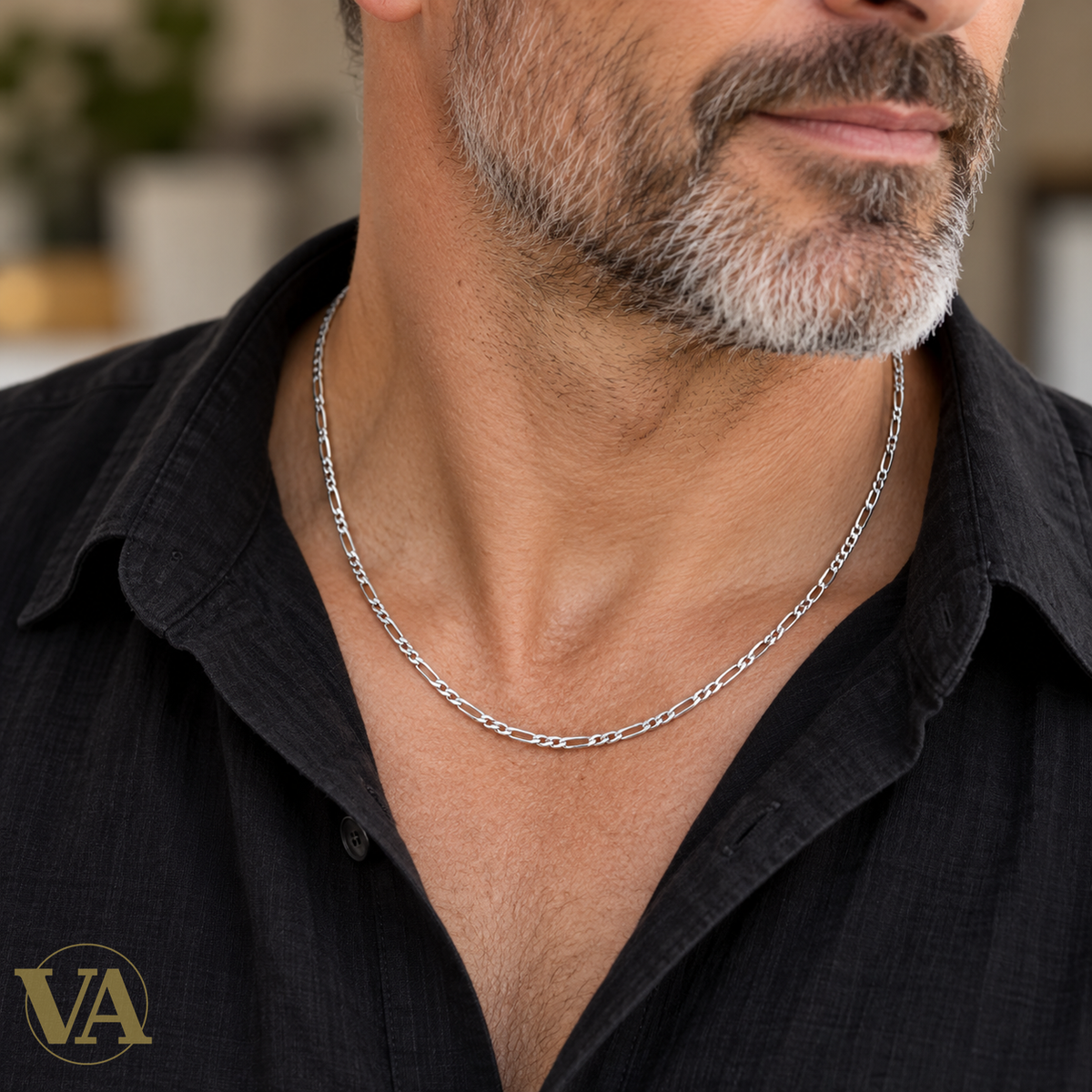 Chaîne Homme Argent 925 – Figaro 1+2 diamantée 4 faces 3 mm — portée, vue rapprochée