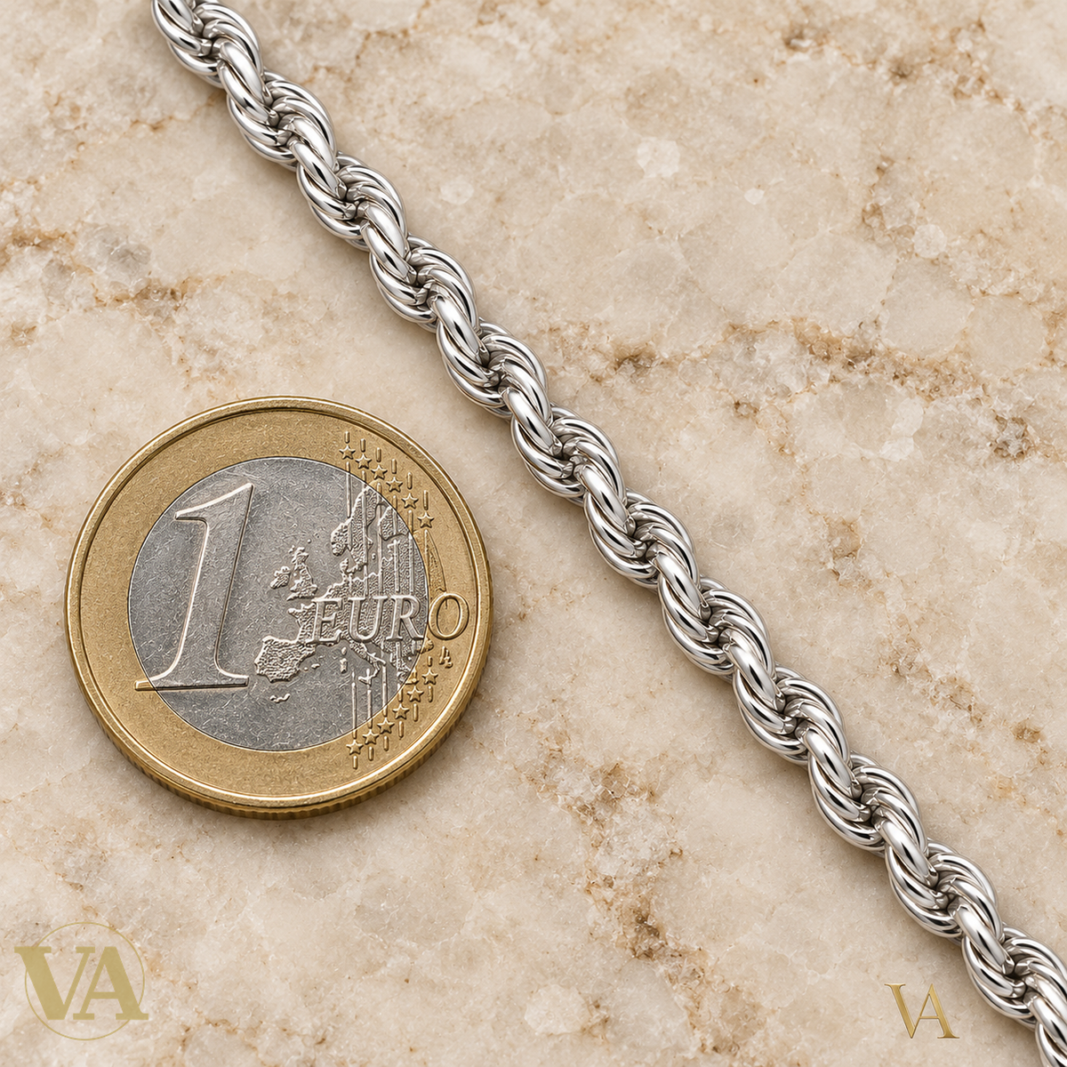 Chaîne Homme Argent 925 – Corde ronde torsadée Rhodiée 4 mm — comparaison avec une pièce de 1 euro