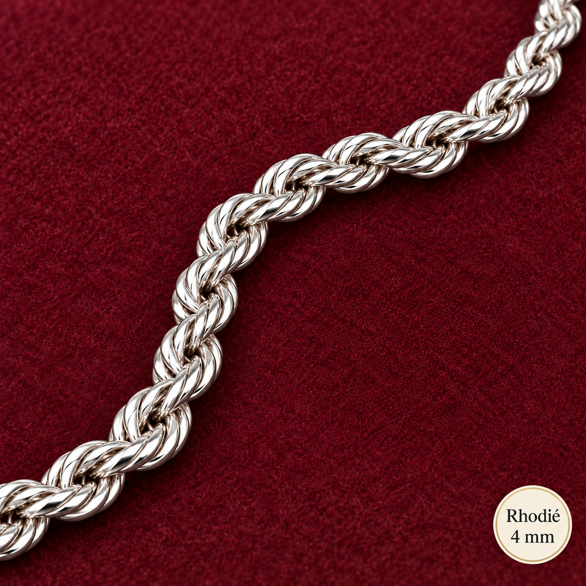 Chaîne Homme Argent 925 – Corde ronde torsadée Rhodiée 4 mm — fond bordeaux