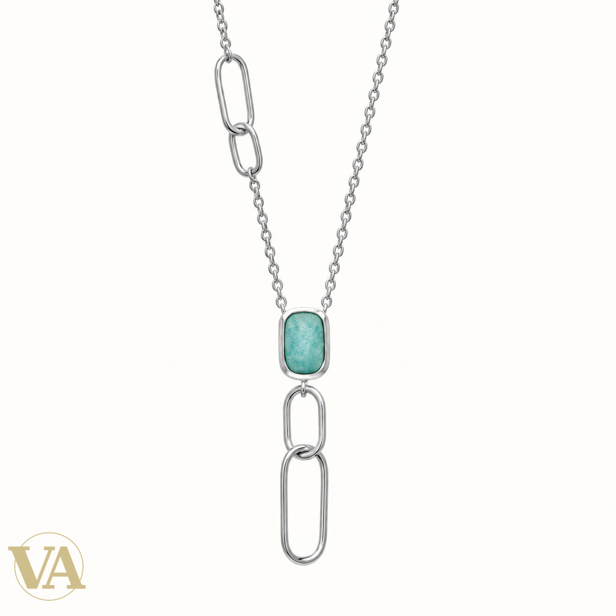 Collier amazonite et maillons ovales en argent 925 rhodié — 45 cm — détail du bijou