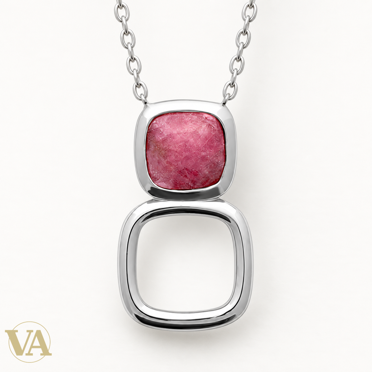 Collier rhodonite et carré ajouré en argent 925 rhodié — 45 cm — détail du bijou