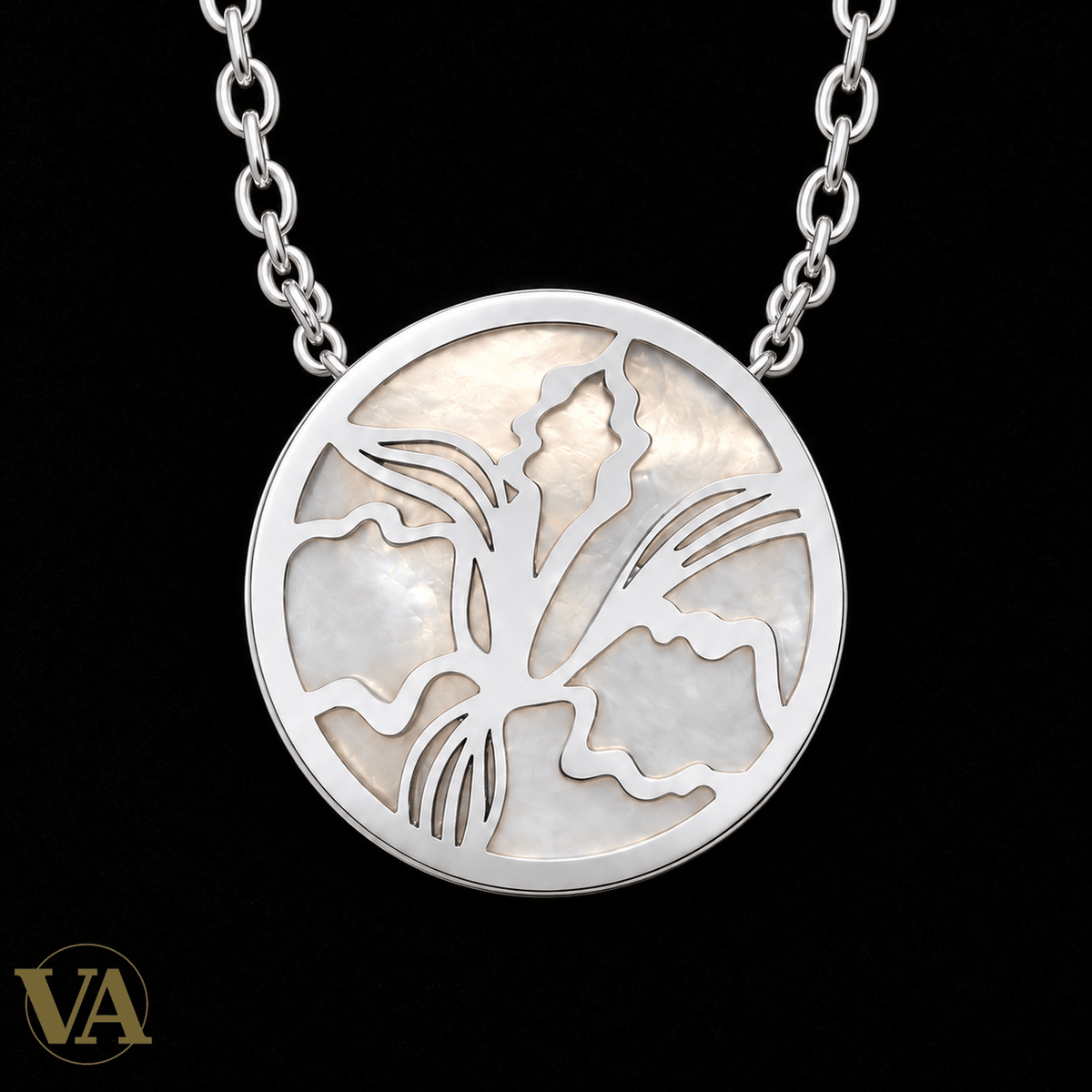 Collier femme argent 925 rhodié médaillon ajouré et nacre — 45 cm - Argent 925 - Vindicta