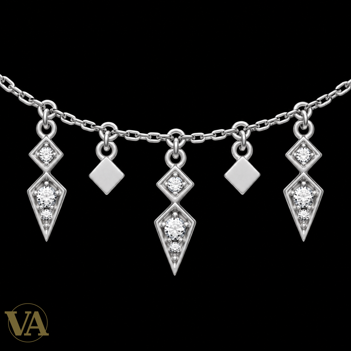 Collier femme argent 925 rhodié à pampilles géométriques et zirconiums — 45 cm — gros plan du détail