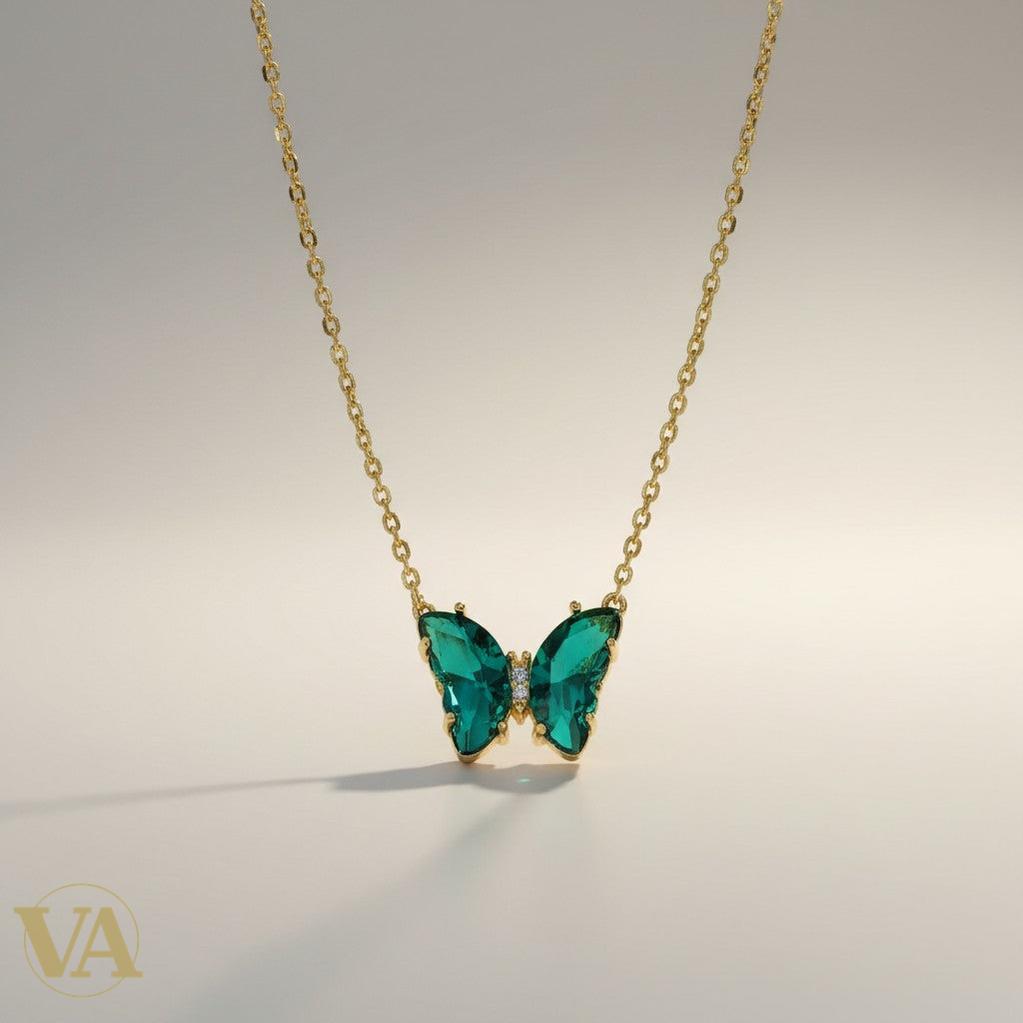 Collier Femme Papillon Vermeil — Topaze Verte Taille Marquise | Bijoux Vindicta