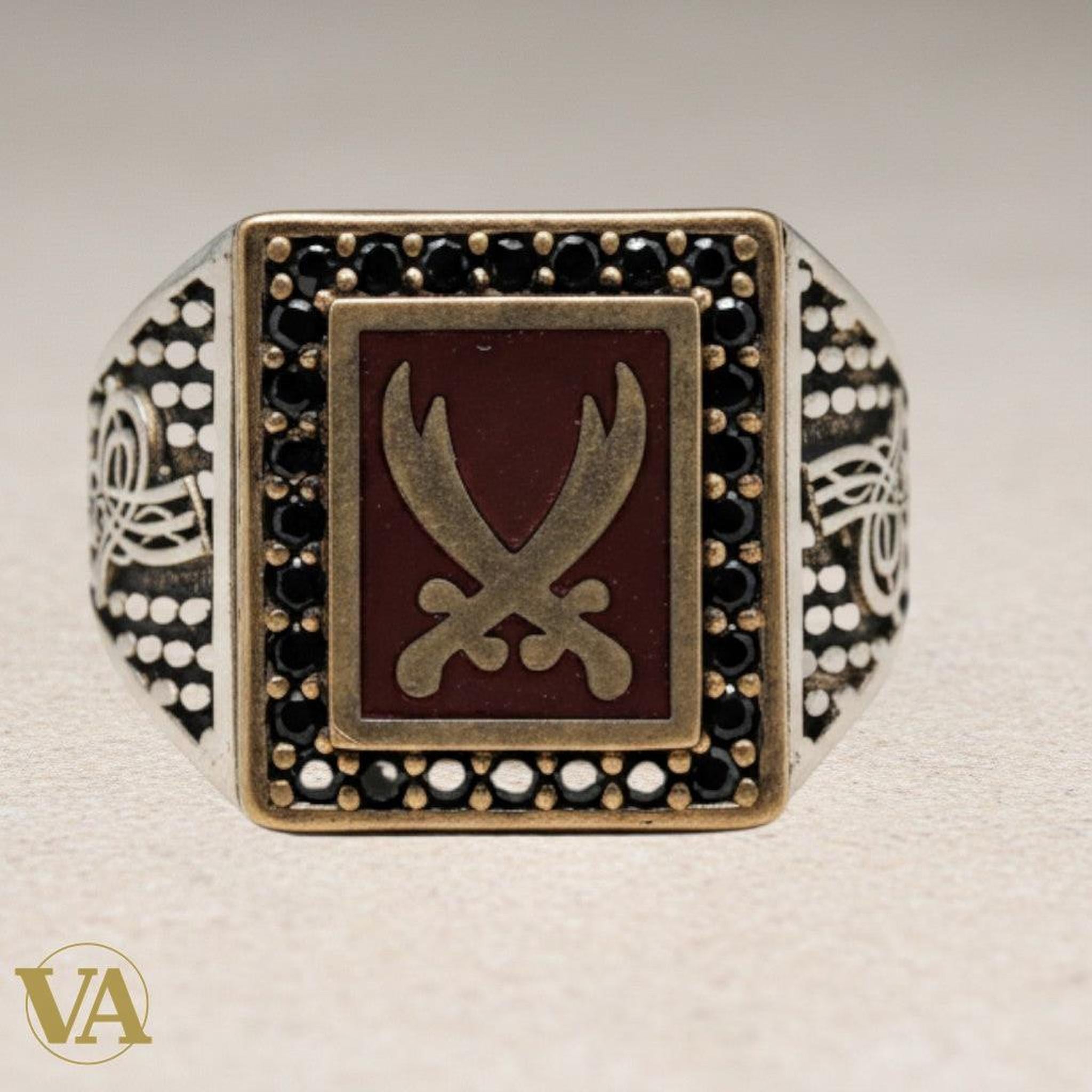 Bague homme argent 925 – Sabres Croisés Cornaline & Zirconiums - Argent 925 - Vindicta