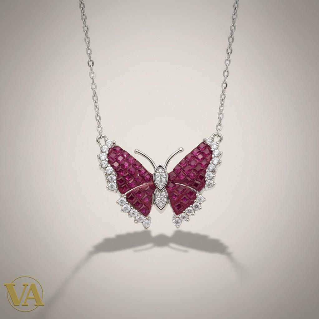 Vindicta butterfly necklace in sterling silver with red princess-cut zircons and white border zircons.