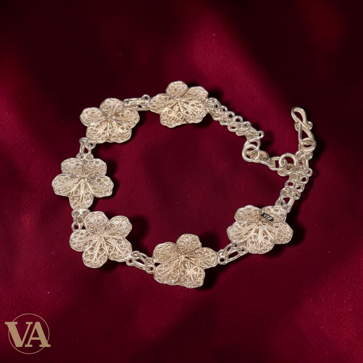 Bracelet Femme Argent 925 Massif – Fleurs 4 Pétales Filigranes