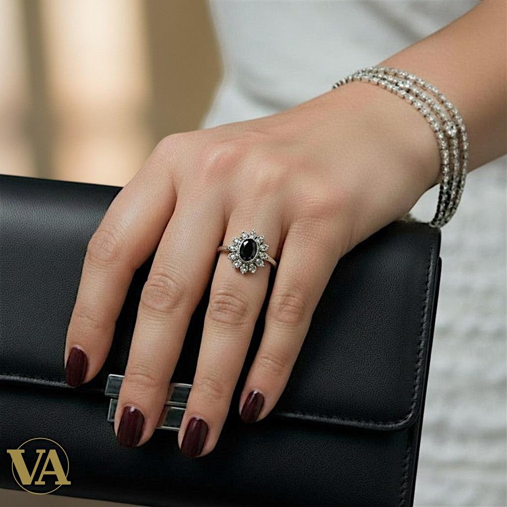 Bague femme argent 925 – Onyx noir cabochon ovale et marcassites – Élégance vintage