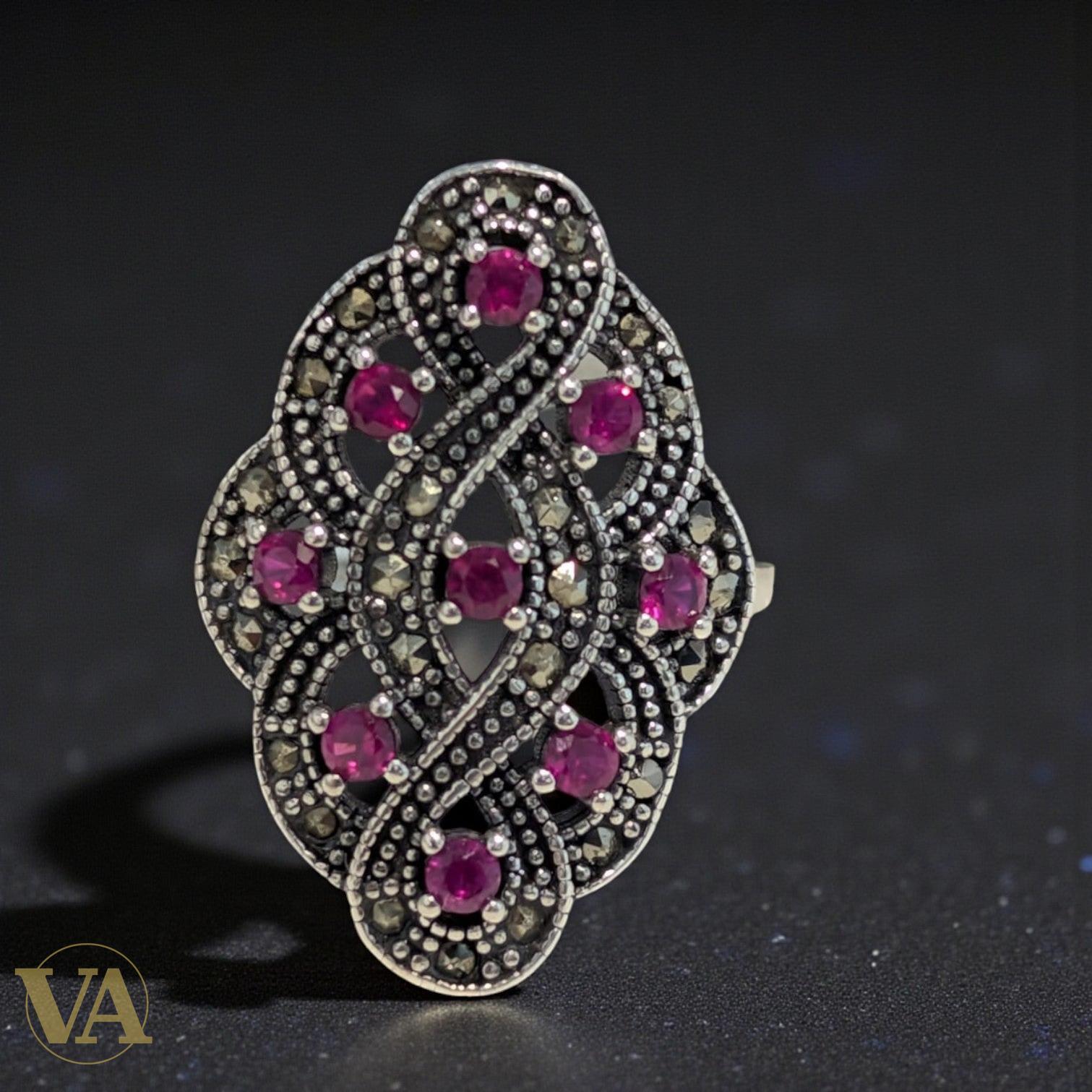 Bague arabesque argent 925 rose & marcassite vintage