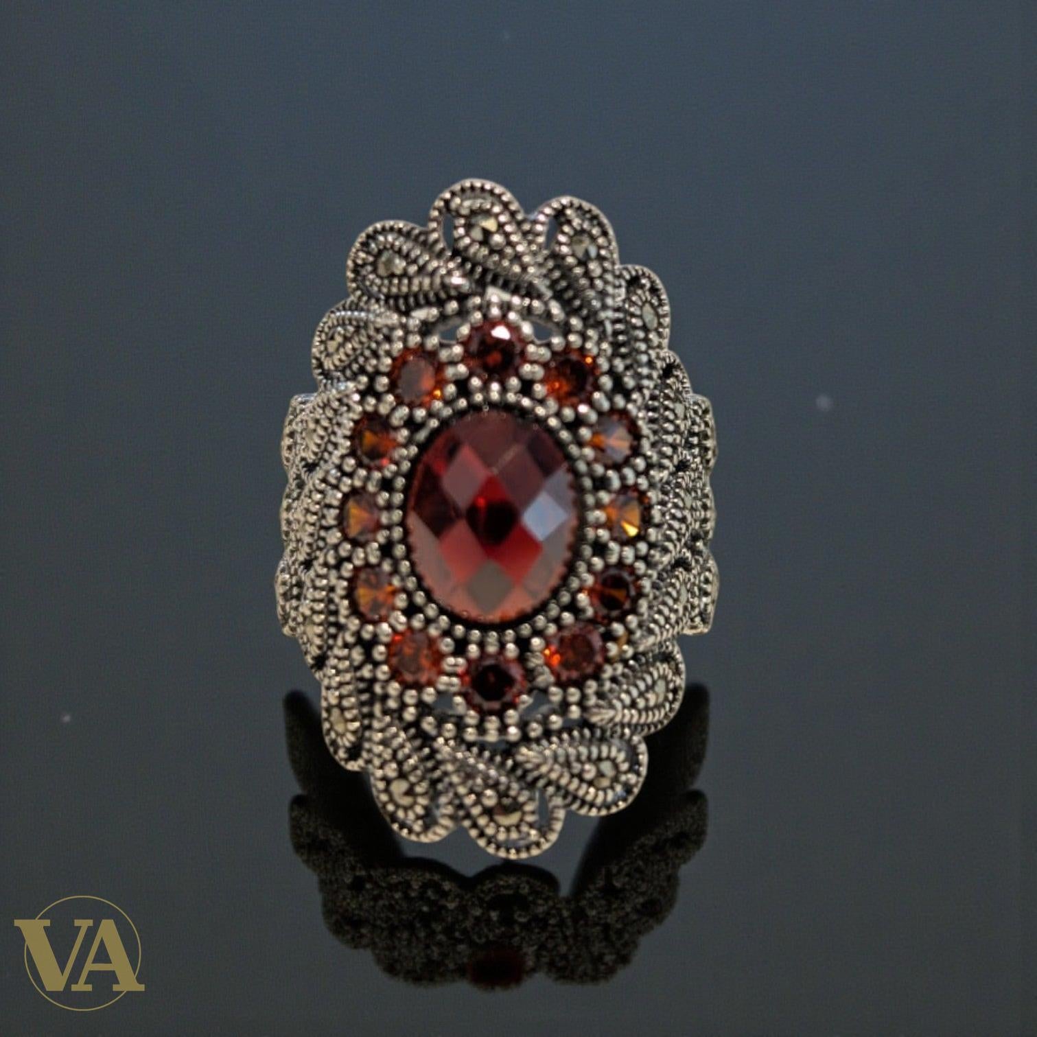 Bague ovale en argent 925, pierres rouges & marcassite – Modèle imposant