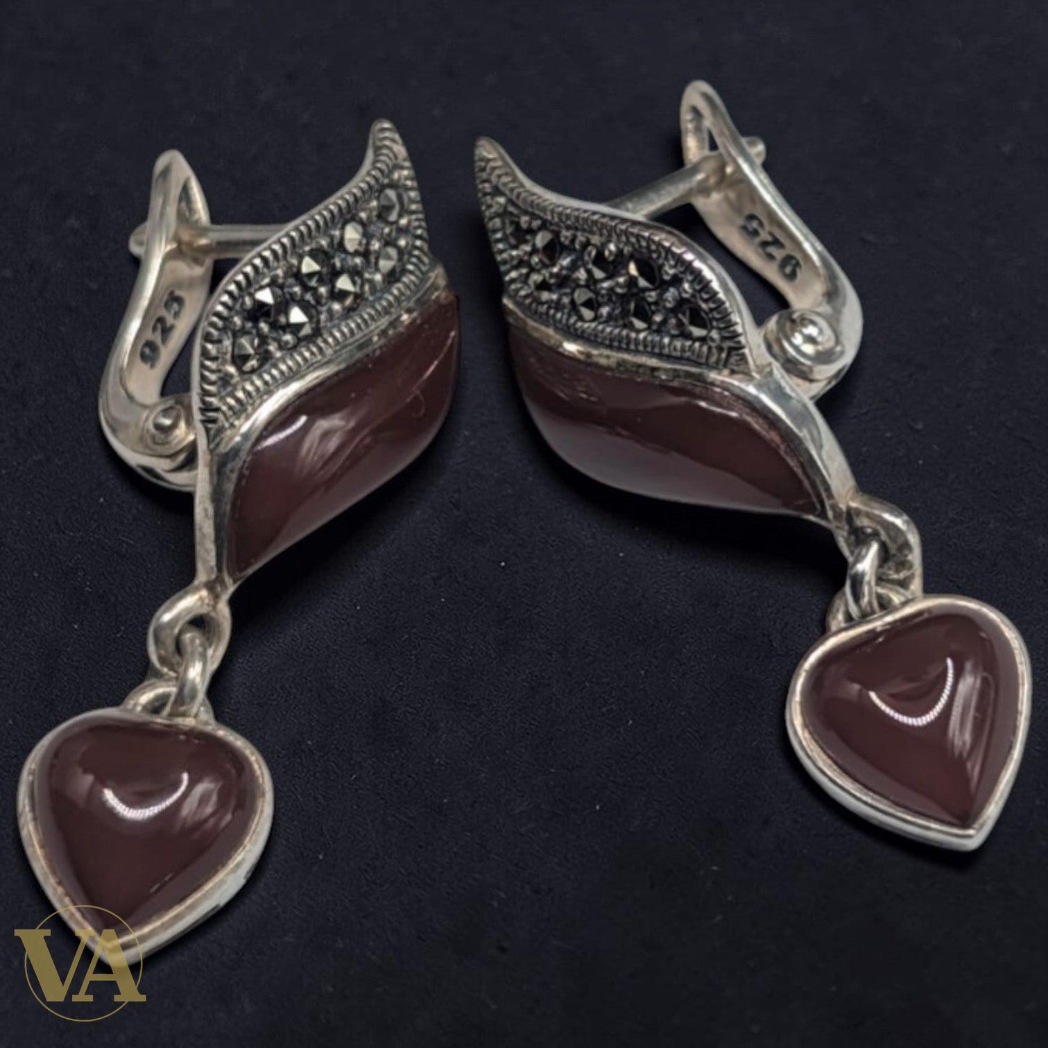 Boucles d'Oreilles Cornaline Argent 925 Marcassite - Pendantes Cœur