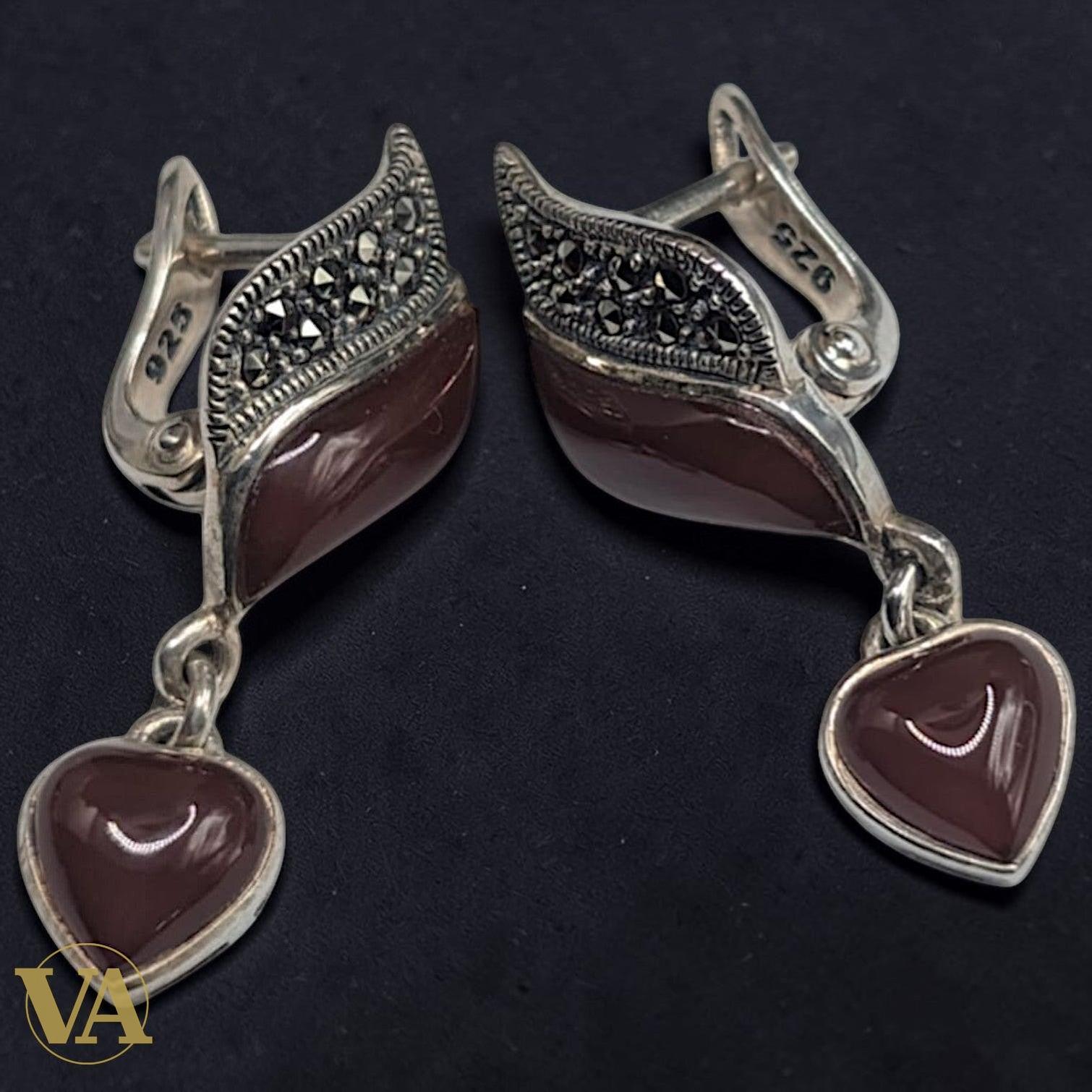 Boucles d'Oreilles Cornaline Argent 925 Marcassite - Pendantes Cœur