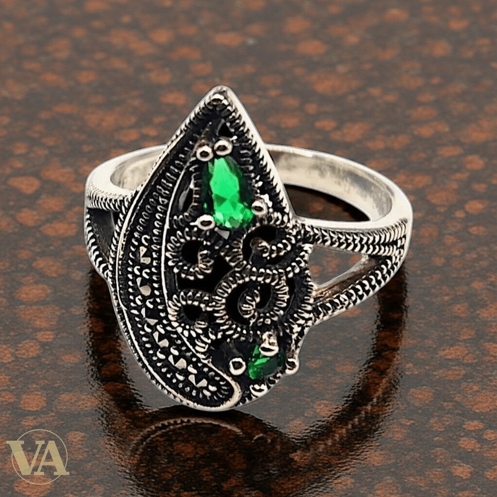 Bague Femme argent 925 zirconium vert éclatant et marcassite - Argent 925 - Vindicta
