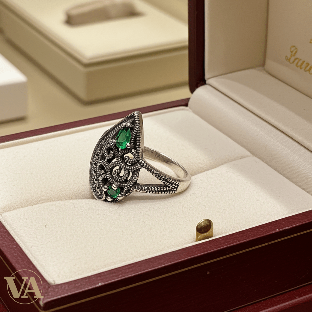 Bague Femme argent 925 zirconium vert éclatant et marcassite - Argent 925 - Vindicta