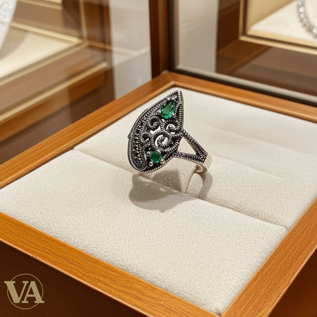 Bague Femme argent 925 zirconium vert éclatant et marcassite - Argent 925 - Vindicta