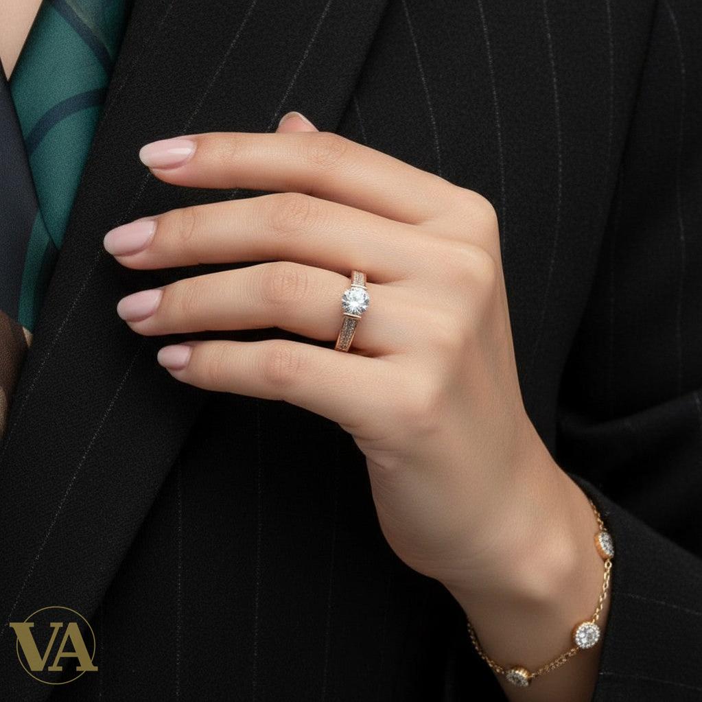 Bague Femme Argent 925 Plaqué Or Rose – Solitaire Zirconium Élégant