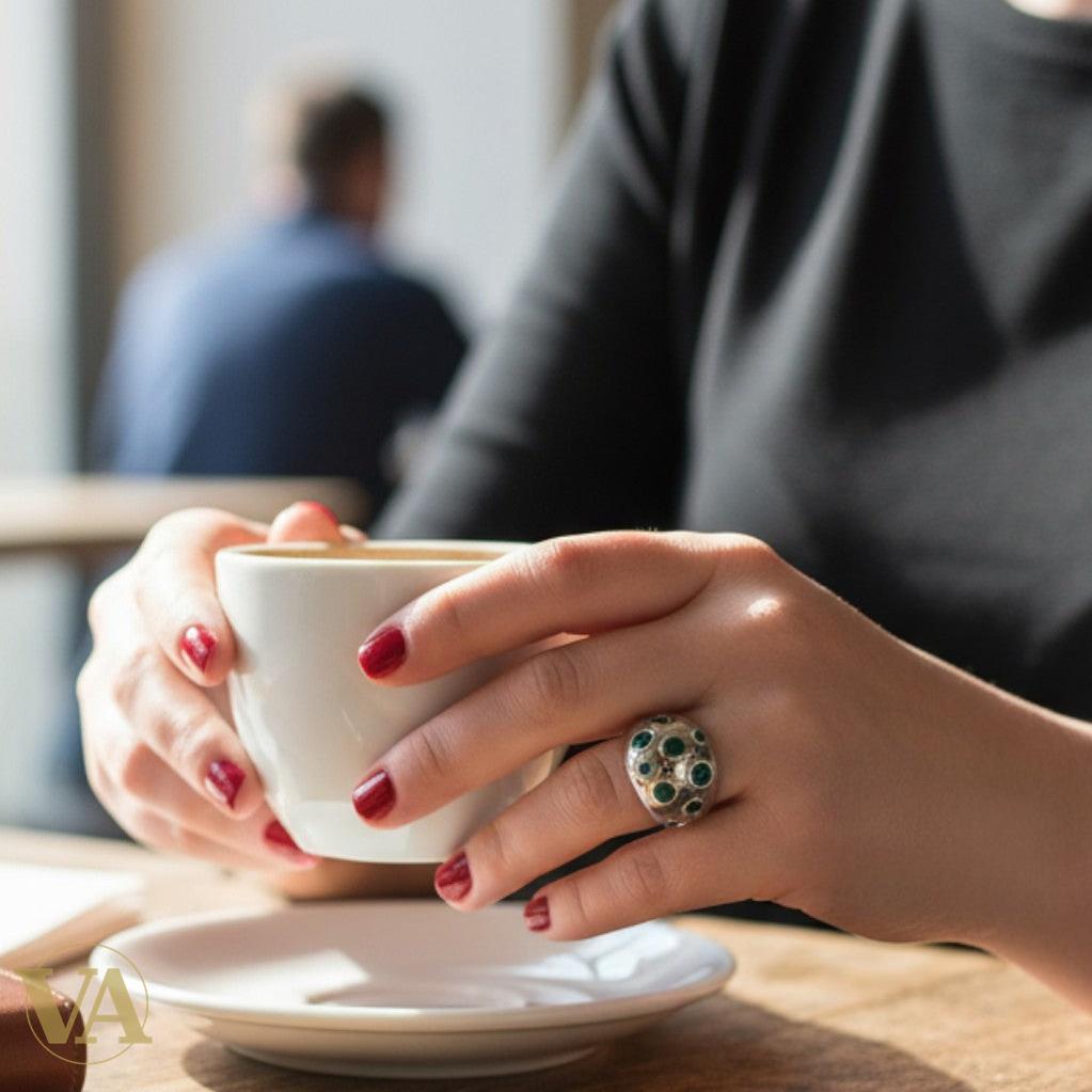 Bague Argent 925 Large Pierres Vertes