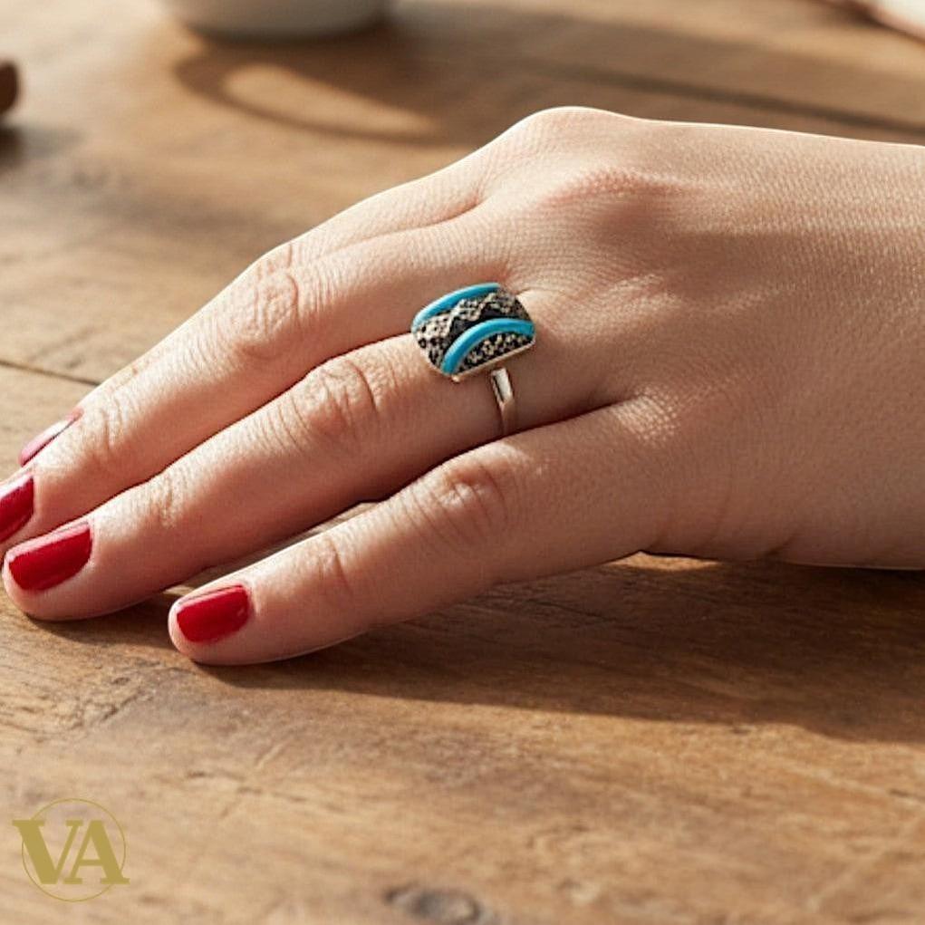 Bague Femme argent 925 turquoise et marcassites | Bijoux Vindicta