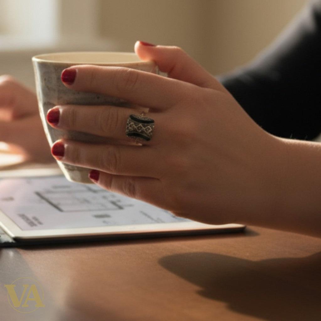 Bague femme argent 925 onyx noir et marcassites